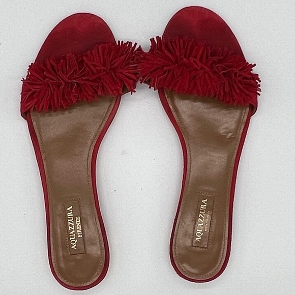 Aquazzura Shoes - Aquazzura  Red Suede Fringe Wild Thing Flats Slides Size 37